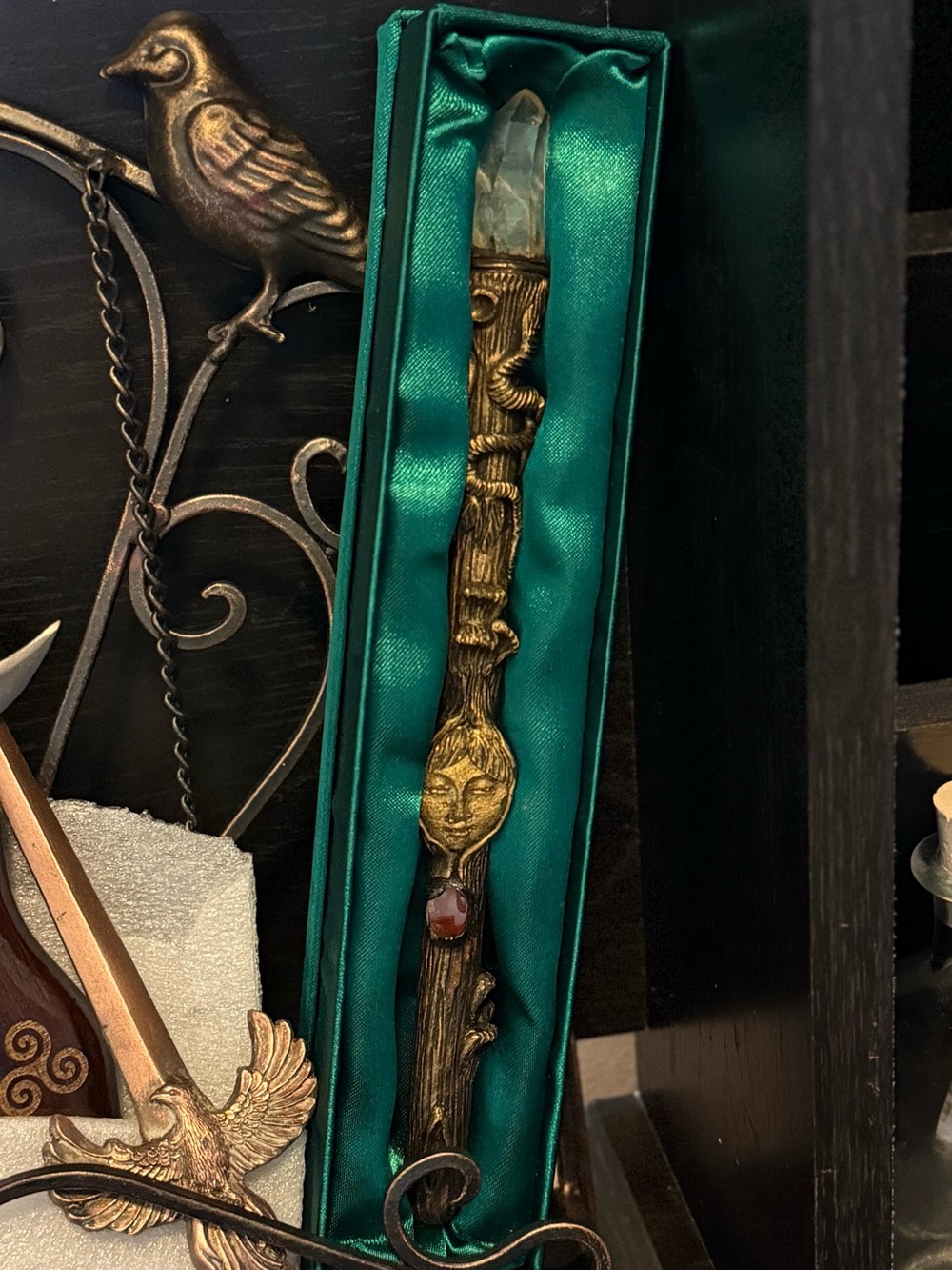 “Wand of Ways” Handcrafted Exclusive by “Witches Moon”-Amber, Clear Quartz, Wood